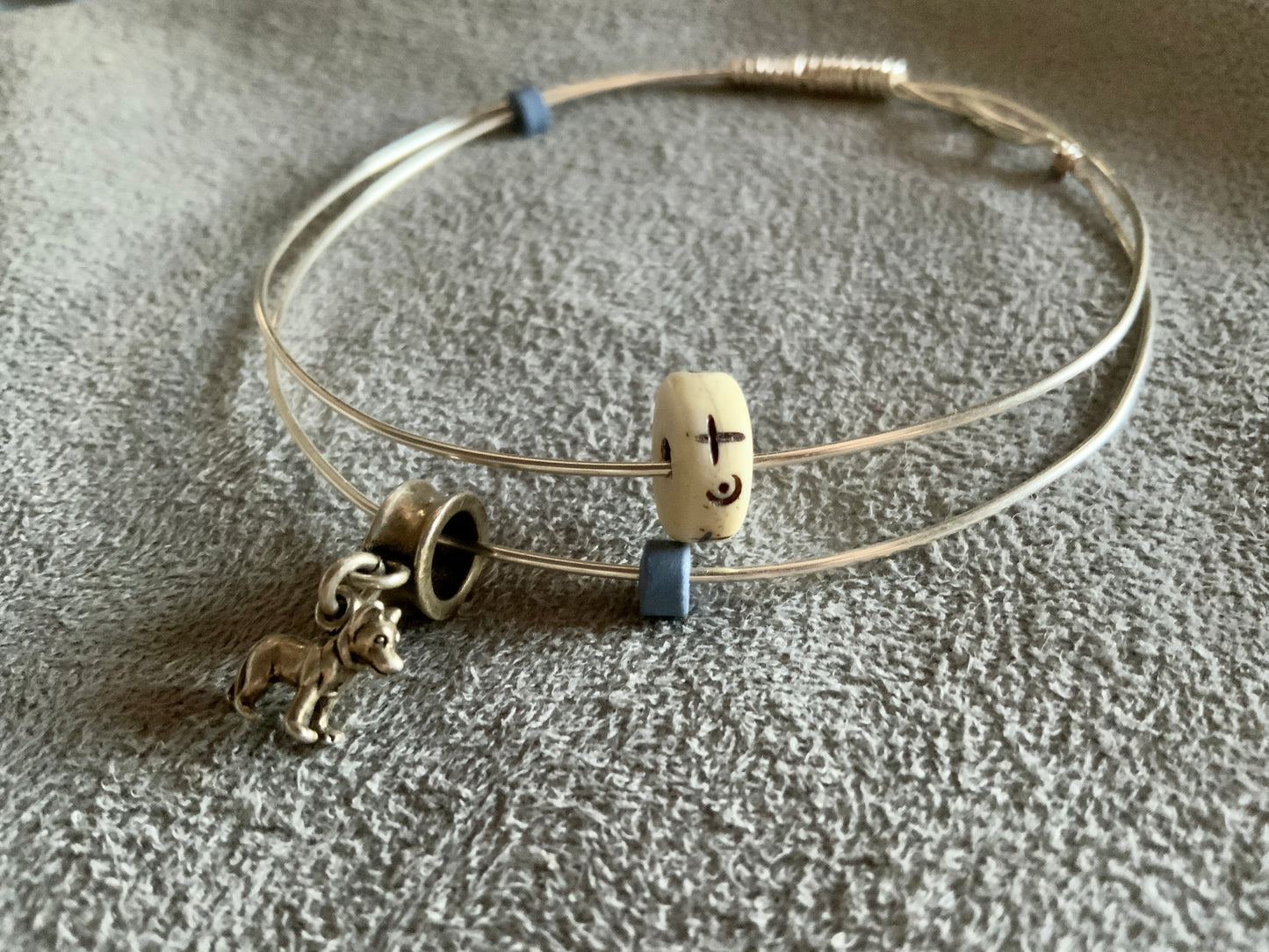 Silver & Copper w Sterling Silver Dog & Trading Beads Bangle Bracelet