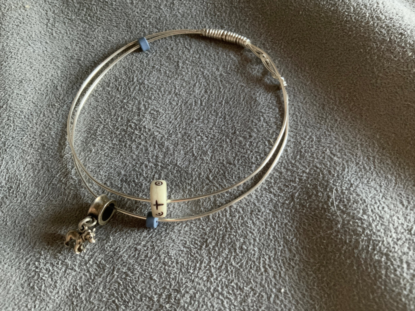 Silver & Copper w Sterling Silver Dog & Trading Beads Bangle Bracelet