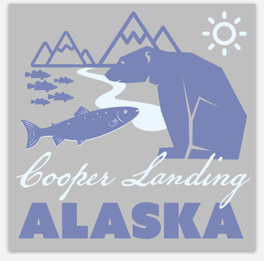 Cooper Landing, Alaska Bear and Fish Weather-proof Sticker 4x4